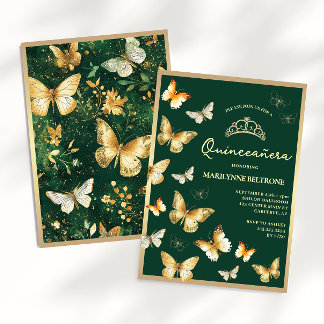 Convites Borboleta Dourada Verde Esmeralda Quinceañera