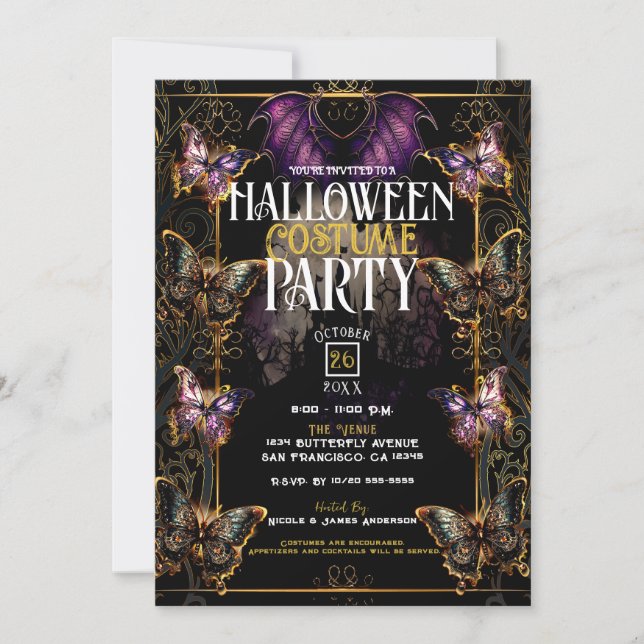 Convites Borboleta e Morcego da Fada Gótica Festa de Hallow (Frente)