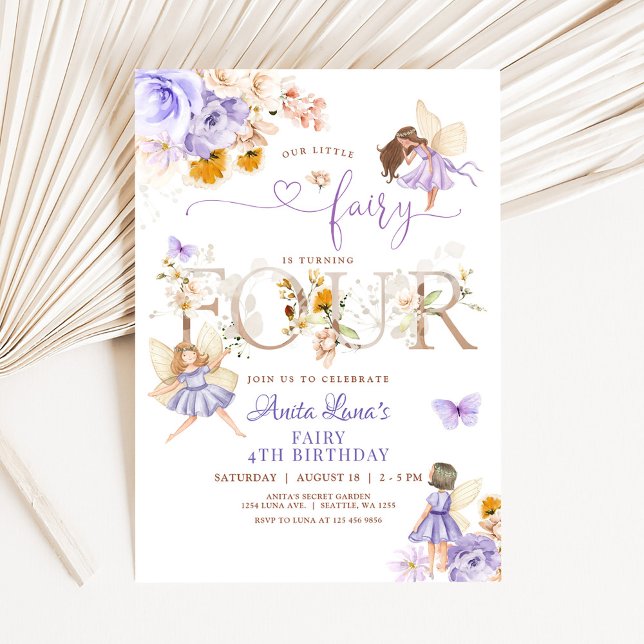 Convites Borboleta Fada Roxa Mágico Floral 4º Aniversário (Criador carregado)