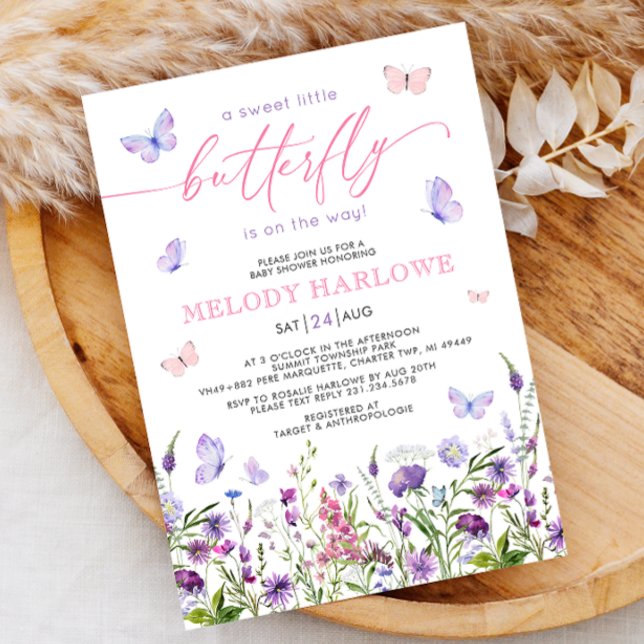 Convites Borboleta Flor Selvagem, Rosa e Chá de fraldas Rox (Butterfly Wildflower Pink and Purple Baby Shower Invitation)