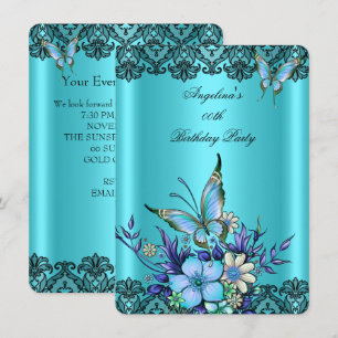 Convites Borboleta Floral Azul Teal Renda Preta Aniversário