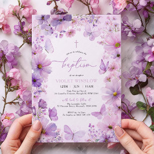 Convites Borboleta Floral Batismo Roxo Menina Batizado