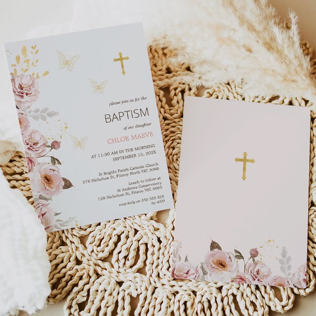 Convites Borboleta Floral Cor-de-Rosa, Cinzenta, para crist (Pink chic floral butterflies baptism or christening invitation with gold cross. )