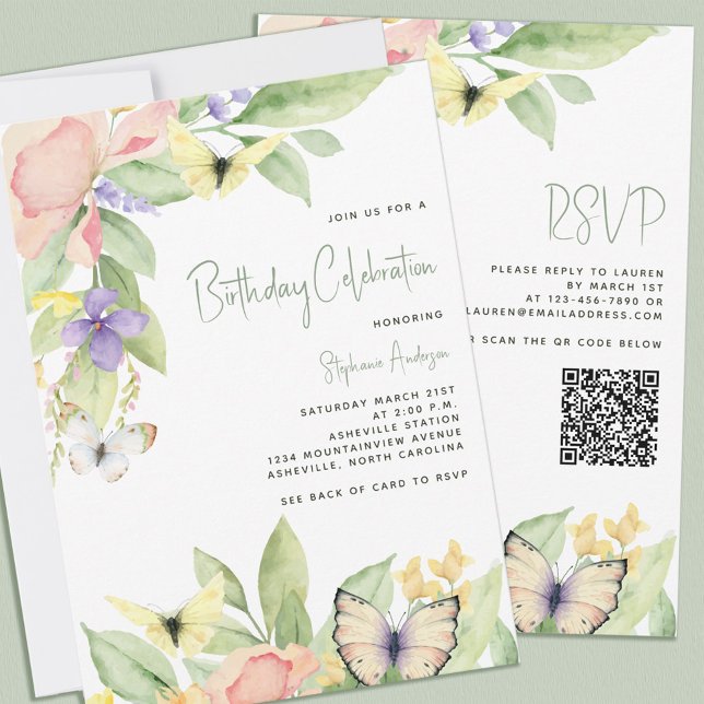 Convites Borboleta Floral de Aquarela Festa de aniversário  (Watercolor Floral Butterfly QR Code Birthday Party Invitation)