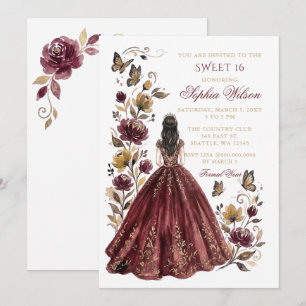 Convites Borboleta Floral Dourada Borgonha Princesa Sweet 1