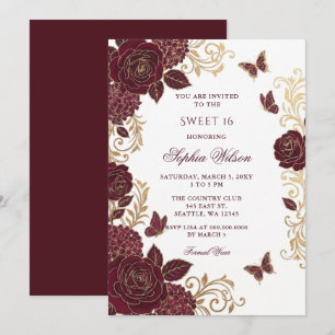 Convites Borboleta Floral Dourada Borgonha Sweet 16