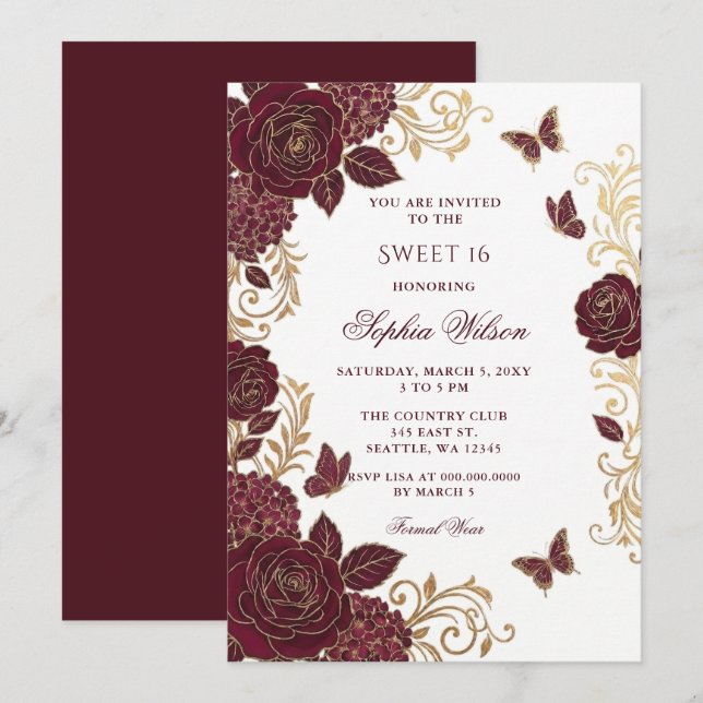 Convites Borboleta Floral Dourada Borgonha Sweet 16 (Frente/Verso)