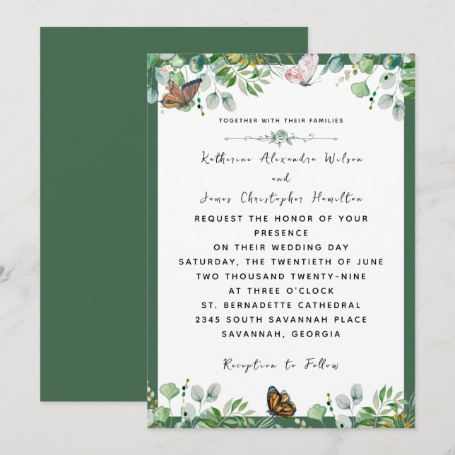 Convites Borboleta Floral Floral de Casamento Elegante Verd (Frente/Verso)