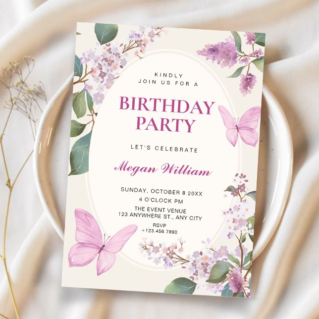 Convites Borboleta floral lilás de aniversário (Criador carregado)