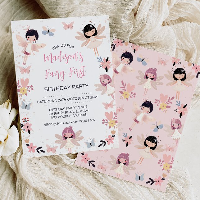 Convites Borboleta Floral Moderna Fada Primeiro Aniversário (Modern fairy themed first birthday invitation featuring some cute fairies, flowers and butterflies.)