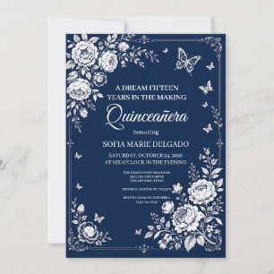 Convites Borboleta Floral Prata Azul Meia-Noite Quinceañera