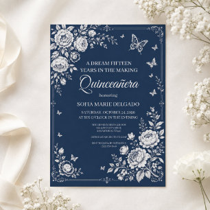 Convites Borboleta Floral Prata Azul Meia-Noite Quinceañera