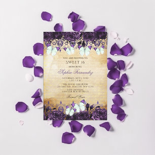Convites Borboleta Floral Púrpura Vintage Sweet 16