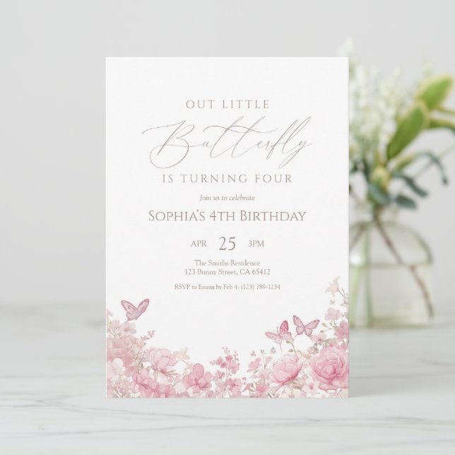 Convites Borboleta Floral Rosa Aniversário (Em pé/Frente)