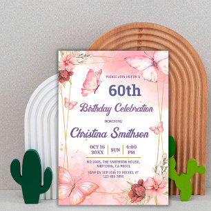 Convites Borboleta floral rosa e elegante 60 anos