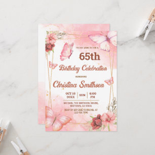 Convites Borboleta floral rosa e elegante 65 anos