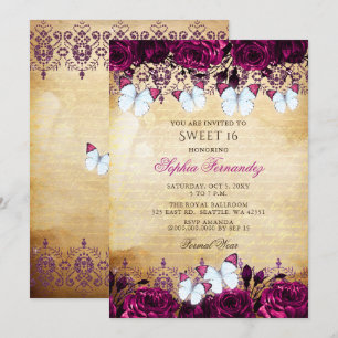 Convites Borboleta Floral Rosa Vintage Sweet 16