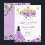 Convites Borboleta Floral Roxa Doce 16 Adolescente Aniversá<br><div class="desc">Doce 16 convites em tons lilás e lavandas de púrpura com borboletas de ouro e uma bela tiara. Visite o compro para obter mais variações,  incluindo garotas em vestidos com tons de pele diferentes e combinações de cores. Também uma versão Quinceanera desta design.</div>