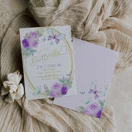 Convites Borboleta Floral Roxa e Dourada Aniversário