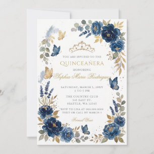 Convites Borboleta Floral Tiara Azul Dourada Quinceañera