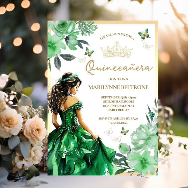 Convites Borboleta Floral Verde Quinceañera (Criador carregado)