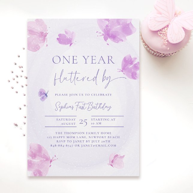 Convites Borboleta Flutuada por primeiro aniversario Rosa P (butterfly themed 1st birthday invitation girls pink purple watercolor one year fluttered by)