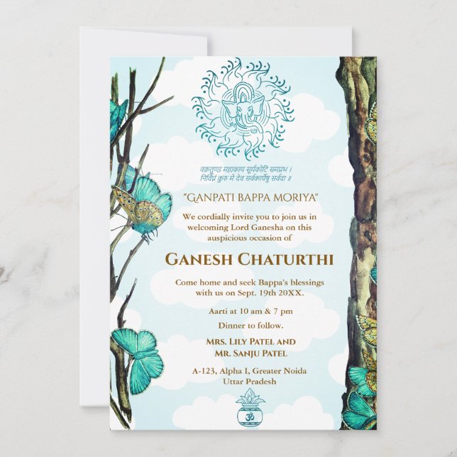 Convites Borboleta Ganesh Chaturthi Puja (Frente)