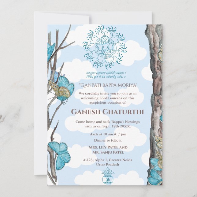 Convites Borboleta Ganesh Chaturthi Puja (Frente)