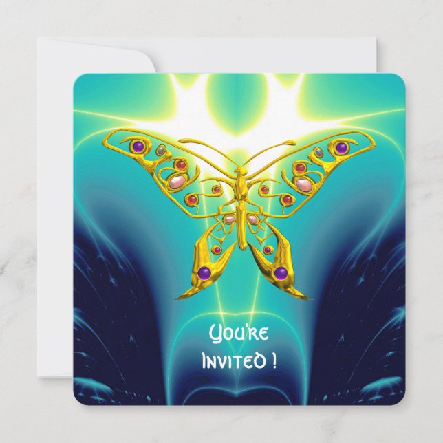 Convites BORBOLETA HIPER OURO, Ondas Fractais Azul Turquesa (Frente)