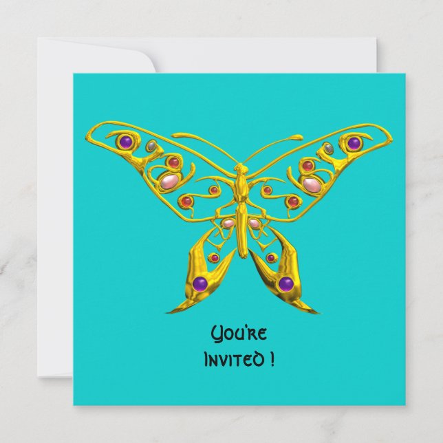 Convites BORBOLETA HIPER OURO, PEDRAS PRECIOSAS, Turquesa A (Frente)