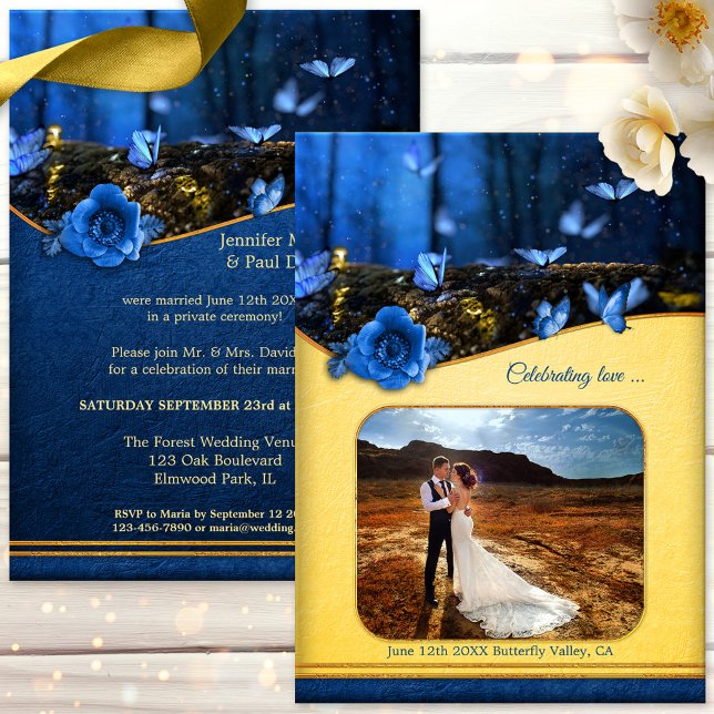 Convites Borboleta Mágica Sua Festa de casamento de Posto d (After wedding party invitation showing an enchanted forest at night with butterflies + custom photo)