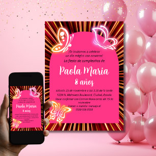 Convites Borboleta Neon Preta Menina Aniversário Espanhol