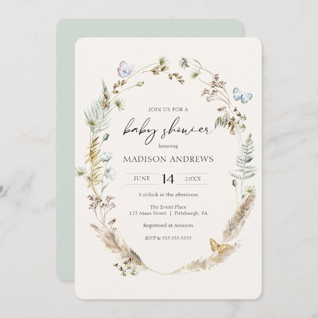 Convites Borboleta no Caminho do Chá de fraldas Boho (Frente/Verso)