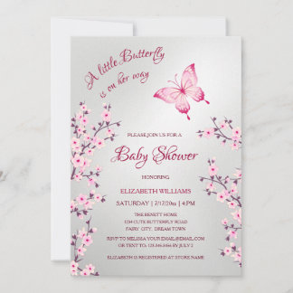 Convites Borboleta Prateada Rosa | Chás de Bebê Menina