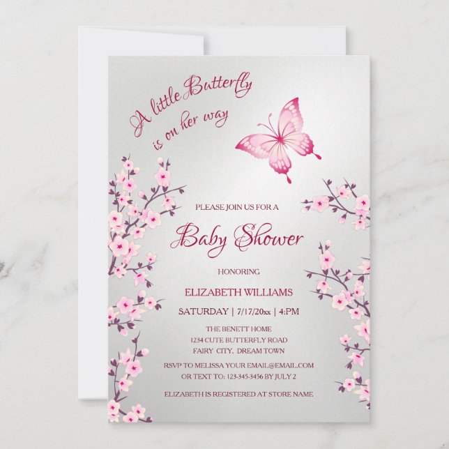 Convites Borboleta Prateada Rosa | Chás de Bebê Menina  (Frente)
