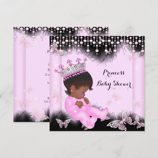 Convites Borboleta Preta Princesa Rosa Chuveiro de Bebê Étn (Frente/Verso)
