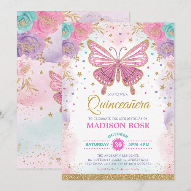 Convites Borboleta Quinceañera Birthday Pink Purple Floral (Frente/Verso)