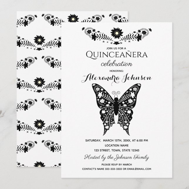 Convites Borboleta Quinceanera Black & White 15 Birday (Frente/Verso)