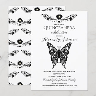 Convites Borboleta Quinceanera Black & White 15 Birday