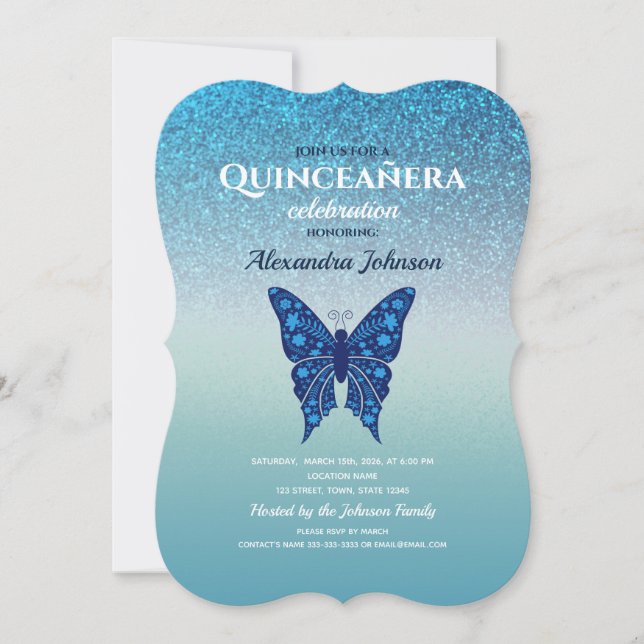 Convites Borboleta Quinceañera Brilho Azul (Frente)