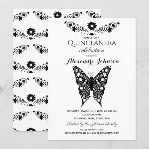 Convites Borboleta Quinceanera Preto e Branco 15º Aniversár