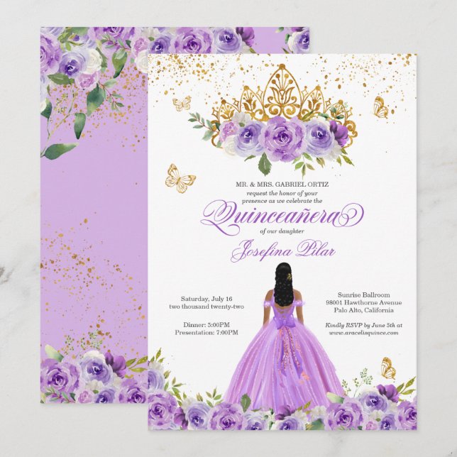 Convites Borboleta Quinceañera Purple Watercolor Flores Em (Frente/Verso)