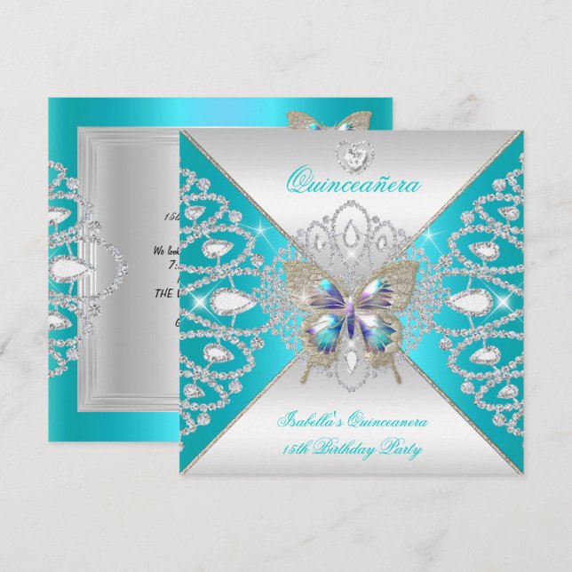 Convites Borboleta Quinceanera Tiara Prateada Turquesa 15 A (Frente/Verso)