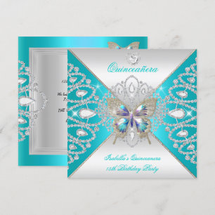 Convites Borboleta Quinceanera Tiara Teal Prata 15 Anos 2