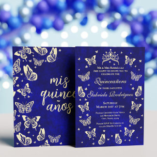 Convites Borboleta Real Azul e Dourada Quinceañera Tiara