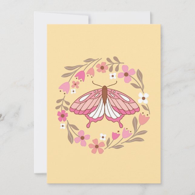 Convites Borboleta Rosa Boho e Ilustração de Grinalda Flora (Frente)