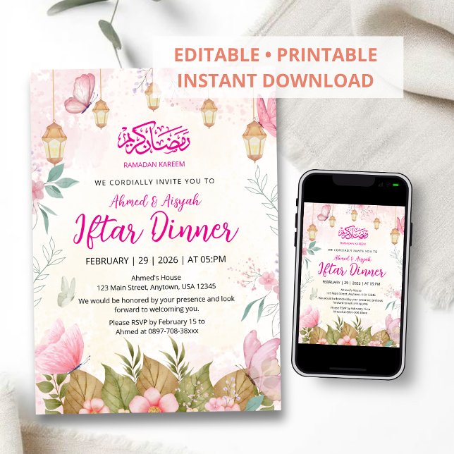 Convites Borboleta Rosa Caprichosa Floral Iftar do Ramadan (Criador carregado)