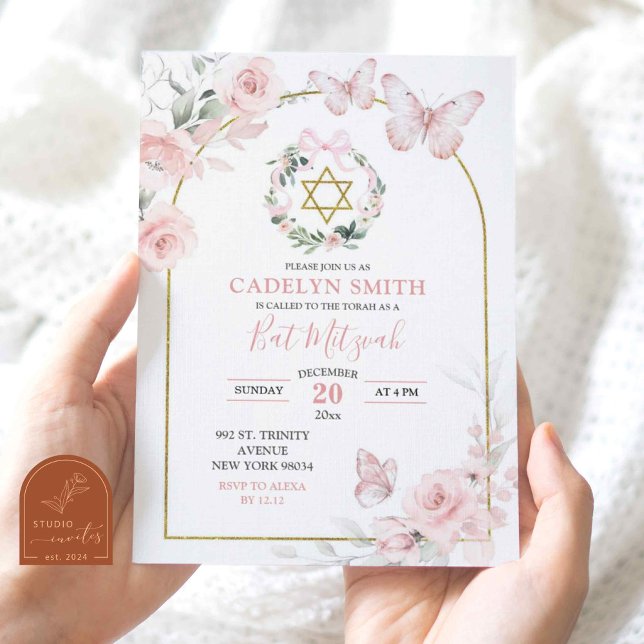 Convites Borboleta Rosa Coral Bat Mitzvah Floral (Criador carregado)