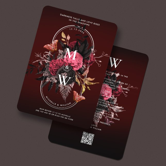 Convites Borboleta Rosa de Boho Gótica (Gothic Boho Wedding Burgundy Rose Butterfly Invitation
)