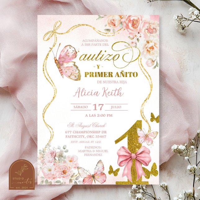 Convites Borboleta Rosa Espanhola Bautizo E Primeiro Aninho (Criador carregado)